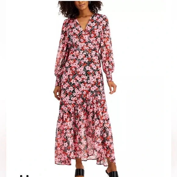 Bar III | Dresses | Bar Iii Pink Floral Long Sleeve Wrap Maxi Dress Size  Small | Poshmark